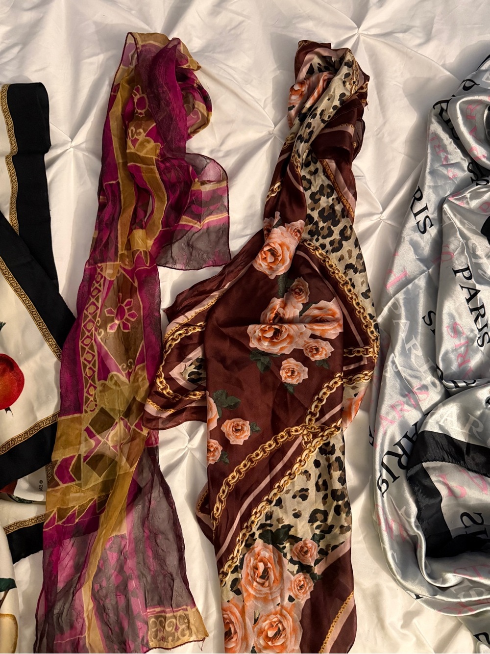 Women’s Satin Mixed Pattern Silk Scarves Burgundy Magenta Vintage Silver Black - Picture 3 of 4